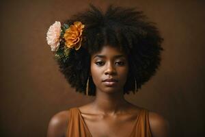 un' ritratto di stile afro donna con fiore su sua testa - ai generativo foto