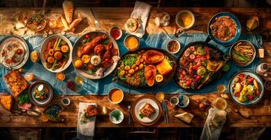 festivo tavolo, molti piatti a partire dal diverso paesi di il mondo - ai generato Immagine foto