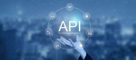 applicazione programmazione interfaccia api su blu sfondo. Software sviluppo attrezzo, informazione tecnologia, moderno tecnologia, Internet. foto