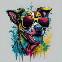 colorato graffiti di un' divertente cane indossare un' camicia e occhiali da sole. stampabile design per maglietta foto