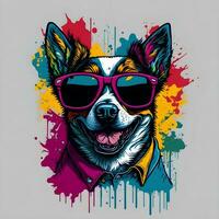 colorato graffiti di un' divertente cane indossare un' camicia e occhiali da sole. stampabile design per maglietta foto