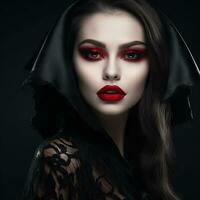 Halloween vampiro bellissimo donna al di sopra di Opaco nero sfondo indossare un' nero velo al di sopra di loro testa - ai generativo foto