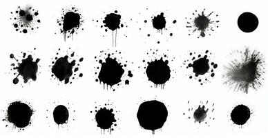 schizzi, gocce, un' impostato di nero macchie. impostato di raster icone di liquido elementi - illustrazione foto