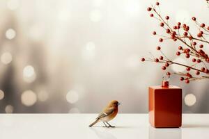 uccello centrico minimalista Natale i regali Schermo sfondo con vuoto spazio per testo foto