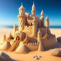 3d interpretazione castello di sabbia con mare spiaggia sfondo. generativo ai foto