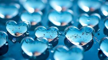 trasparente gocce di acqua nel il forma di un' cuore, un' romantico simbolo per amanti, blu foto