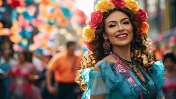 bellissimo donna con costume nel il carnevale ai generativo foto