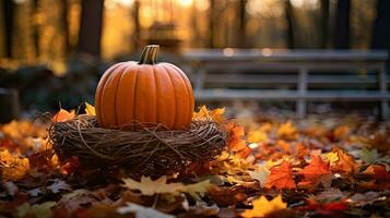 ritratto zucca con autunno foglia ai generativo foto