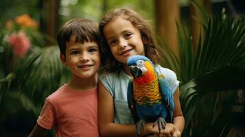 ritratto bambini con pappagallo nel il zoo con leggero esposizione ai generativo foto