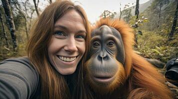 ritratto bellissimo donna parlando autoscatto con scimmia ai generativo foto