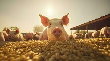 ritratto maiale nel il azienda agricola con leggero esposizione ai generativo foto