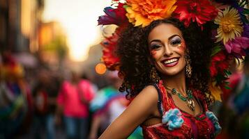 bellissimo donna con costume nel il carnevale ai generativo foto