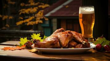 delizioso grigliato tacchino con un' bicchiere birra su il tavolo ai generativo foto