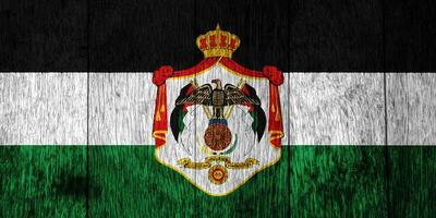 bandiera e cappotto di braccia di hashemita regno di Giordania su un' strutturato sfondo. concetto collage. foto