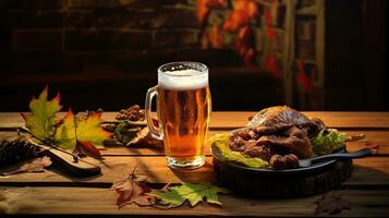un' bicchiere birra con autunno foglia su il tavolo ai generativo foto
