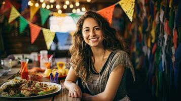 ritratto bellissimo donna con tacos su il tavolo ai generativo foto