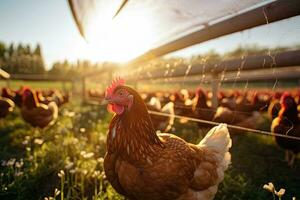 ritratto di un' pollo azienda agricola nel il mattina con sole esposizione ai generativo foto