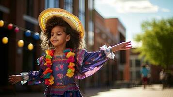 ritratto ragazza indossare sombrero danza su il strada di città ai generativo foto