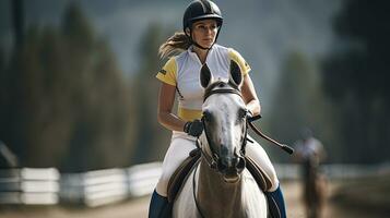 ritratto donna equitazione un' cavallo nel un' gara ai generativo foto