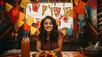 ritratto bellissimo donna con tacos su il tavolo ai generativo foto