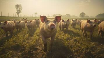 ritratto maiale nel il azienda agricola con leggero esposizione ai generativo foto