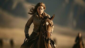 ritratto donna equitazione un' cavallo nel un' gara ai generativo foto