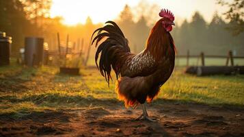 ritratto pollo nel il azienda agricola con leggero esposizione ai generativo foto