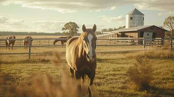 ritratto cavallo nel il azienda agricola con leggero esposizione ai generativo foto