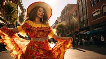 ritratto ragazza indossare sombrero danza su il strada di città ai generativo foto