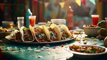 delizioso tacos con bevanda su il tavolo ai generativo foto