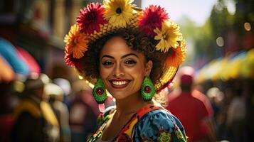 bellissimo donna con costume nel il carnevale ai generativo foto