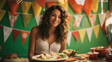 ritratto bellissimo donna con tacos su il tavolo ai generativo foto