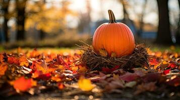 ritratto zucca su il foresta con leggero esposizione ai generativo foto