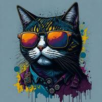 colorato graffiti di un' divertente gatto indossare un' camicia e occhiali da sole. stampabile design per maglietta foto