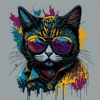colorato graffiti di un' divertente gatto indossare un' camicia e occhiali da sole. stampabile design per maglietta foto