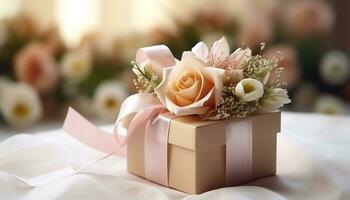 regalo scatola con mazzo di fiori. generativo ai. foto