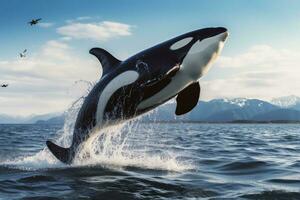 uccisore balena salto nel il oceano. 3d rendering, grande orca balena salto su di il mare, ai generato foto