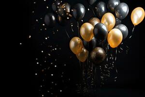 d'oro, argento e nero palloncini con coriandoli su nero sfondo, nero e d'oro palloncini con coriandoli su nero sfondo, ai generato foto