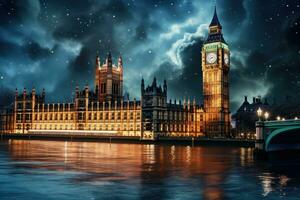 grande Ben e case di parlamento a notte, Londra, UK, grande Ben e il case di parlamento a notte nel Londra, UK, ai generato foto