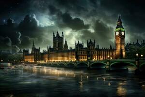 grande Ben e case di parlamento a notte, Londra, UK, grande Ben e il case di parlamento a notte nel Londra, UK, ai generato foto