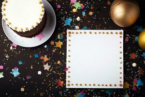 compleanno torta con vuoto foglio di carta e d'oro coriandoli su buio di legno sfondo, compleanno torta con desiderando carta celebrazione festa, superiore Visualizza, ai generato foto