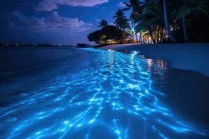 tropicale spiaggia a notte con palma alberi e riflessione nel acqua, bio luminescenza. notte spiaggia scena nel Maldive con bio luminescente plancton illuminante il linea di galleggiamento, ai generato foto