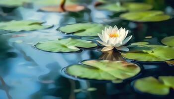 un' piccolo loto nel un' vasto sereno lago con sfocato sfondo ai generato foto