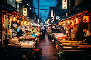 ai generativo Immagine di un' vivace giapponese strada cibo mercato foto