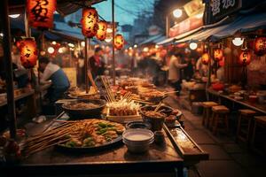 ai generativo Immagine di un' vivace giapponese strada cibo mercato foto