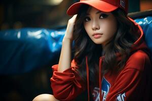 un bellissimo asiatico baseball ragazza figura nel casuale attrezzatura ai generativo foto