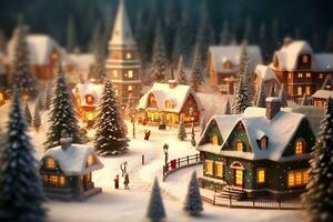 Natale villaggio con neve nel Vintage ▾ stile. inverno villaggio paesaggio. Natale vacanze. generativo ai foto