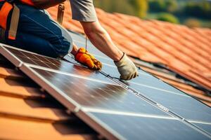 solare energia ingegnere installazione solare pannelli su il tetto. generativo ai foto