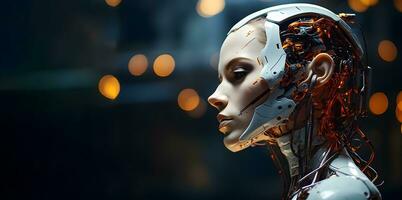 lato Visualizza di un' umanoide testa con blu e giallo occhi e vivace neon neurale Rete, che rappresentano futuristico tecnologia e artificiale intelligenza. generativo ai foto