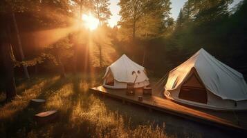 glamping nel il presto mattina incandescenza. generativo ai foto